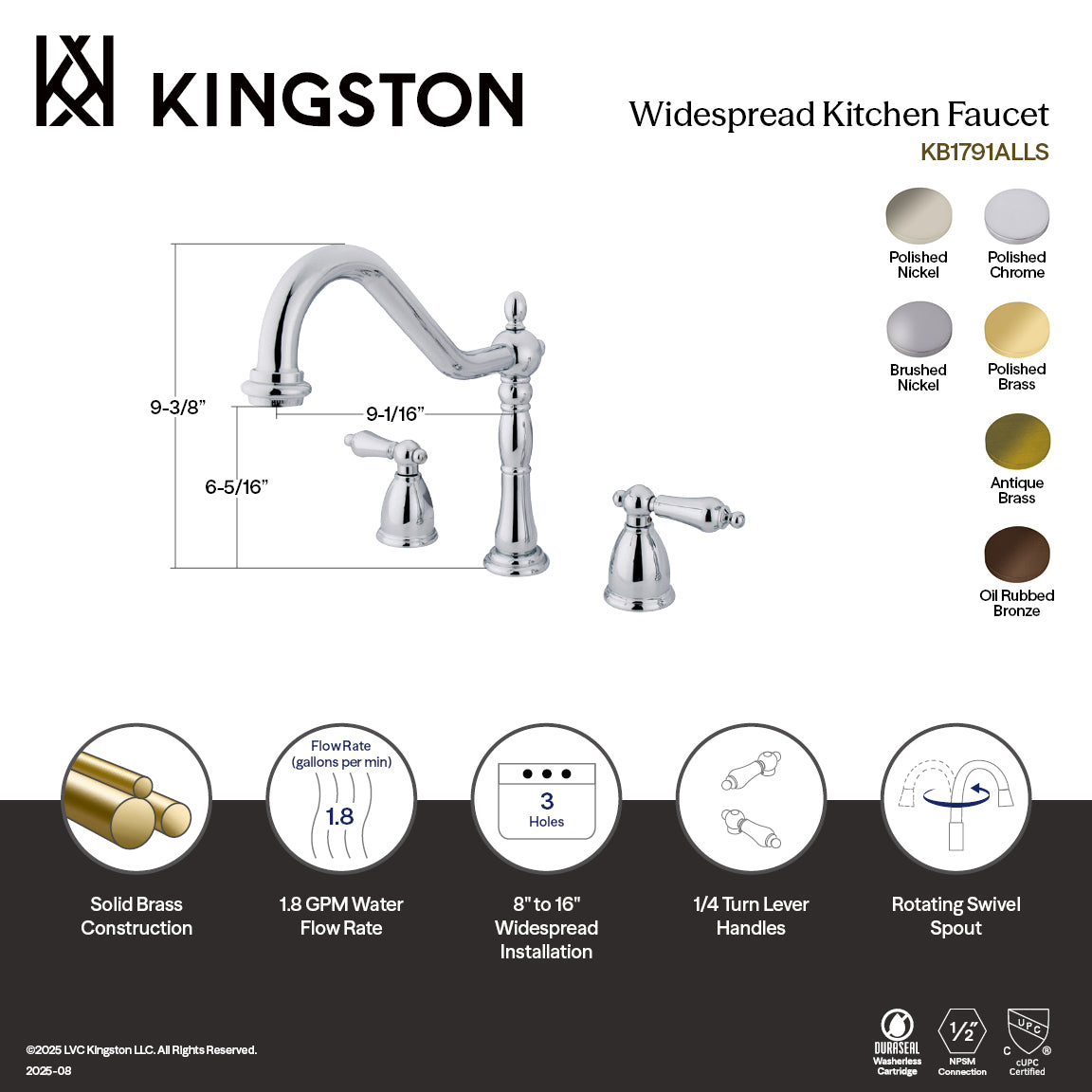 Kingston Heirloom KB1796ALLS - Heritage Double-Handle 3-Hole Widespread Kitchen Faucet, Polished Nickel — thumbnail 2